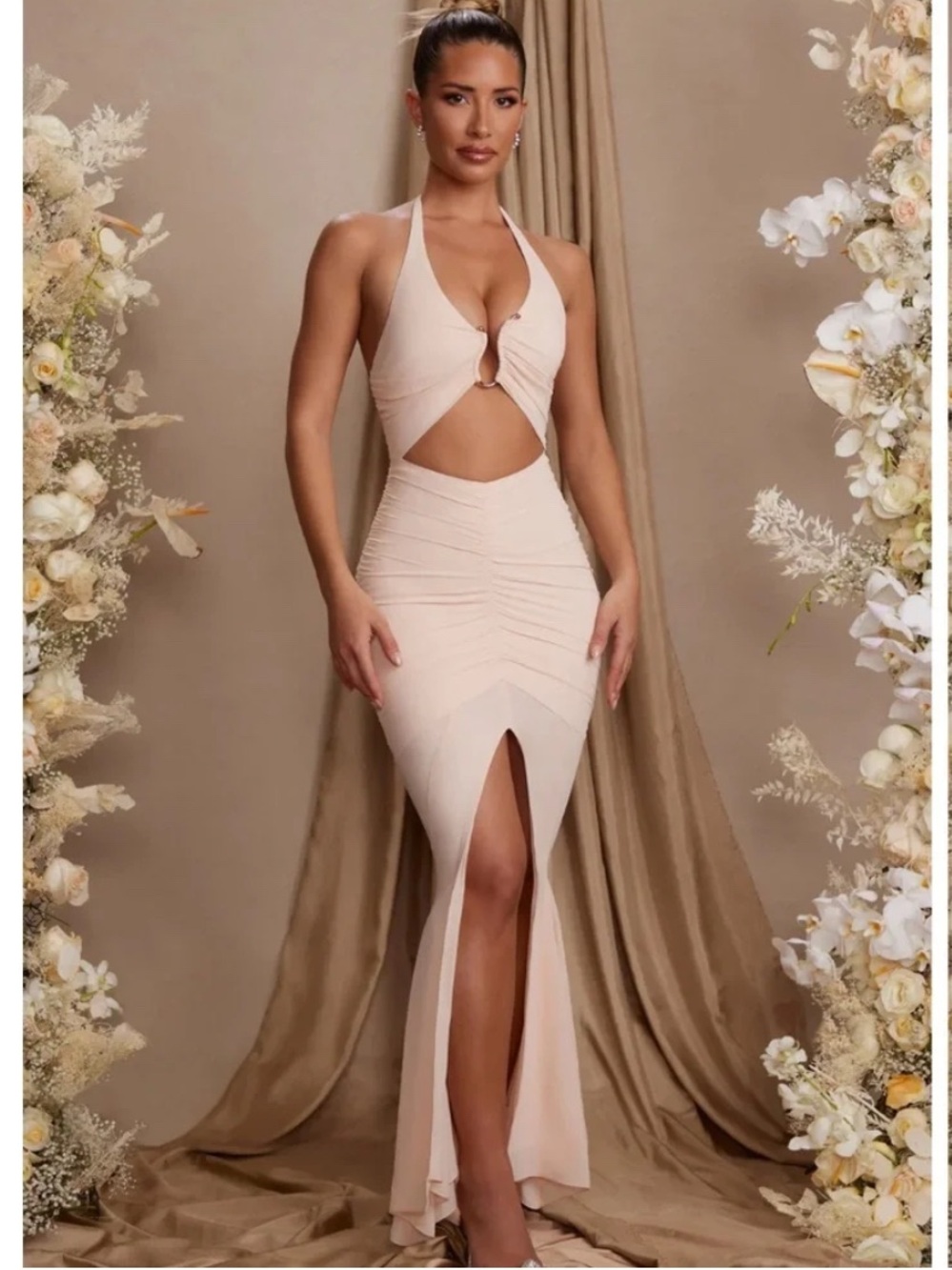 Oh Polly Kalyani Ruched Halterneck Maxi Dress in cream